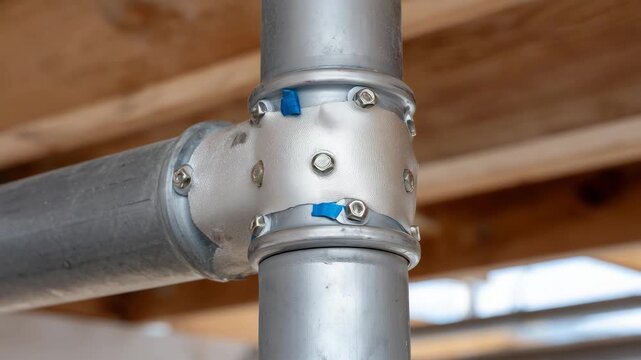 429Macro perspective of plumbing pipe joint, adhesive and screws visible, indoor residential installation, detailed workmanship