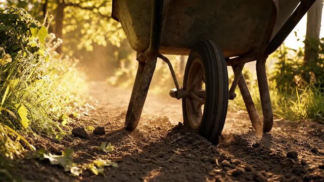 Video of wheelbarrow moving along garden path with dirt trail motion, countryside lifestyle concept, rustic outdoor work scene and peaceful rural atmosphere.