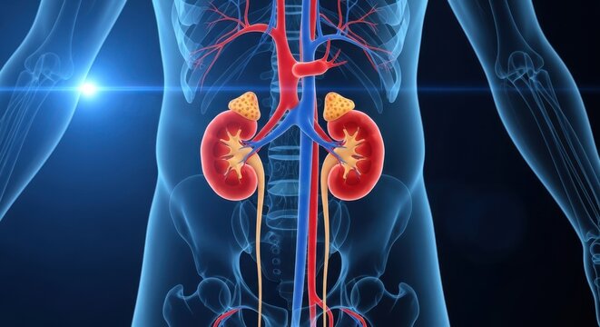 A detailed 3d illustration showcases the human urinary system, highlighting the kidneys, ureters, and major blood vessels in a vibrant blue and red color scheme against a dark background