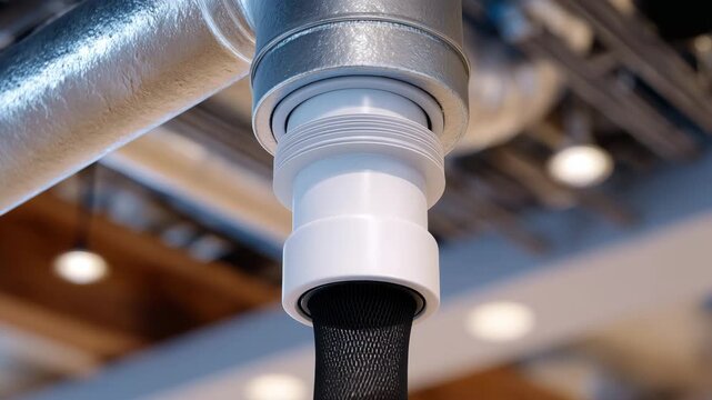 437Macro of PVC pipe cut and glued, indoor plumbing installation, detailed workmanship, realistic lighting