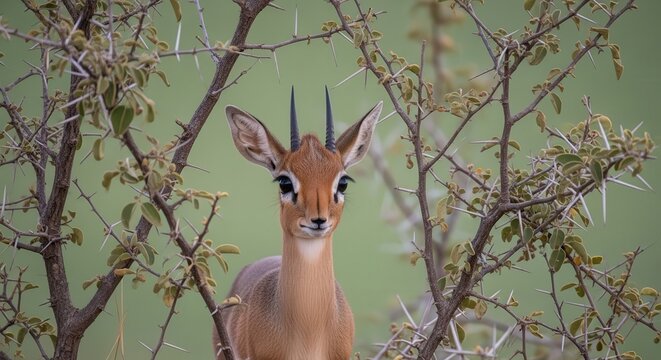 Close-Up of a Cape Bushbuck in Natural Habitat with Green Background