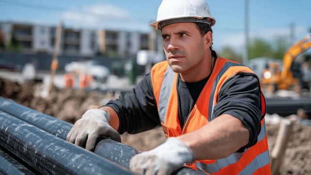 442Outdoor water pipeline installation, macro view of worker connecting large PVC pipes, engineering construction project