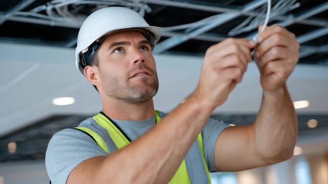 446Close-up of electrician threading wires through conduit, indoor office ceiling, macro details, engineering structure