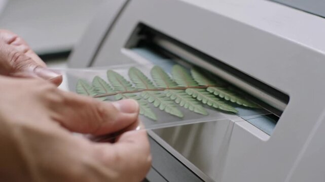 Discover the art of preserving vibrant ferns using a laminating machine in a cozy workshop