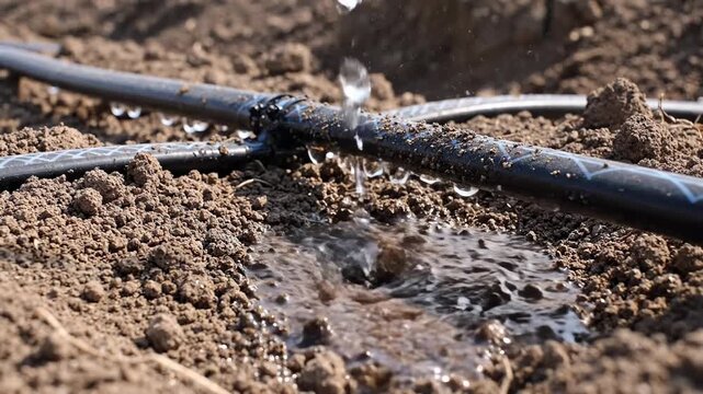 Video of close-up drip irrigation line with clear water droplets landing on textured soil, sustainable crop management concept, environmental stewardship visual, modern agritech scene, transparent