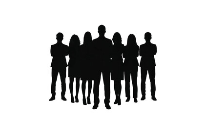 Group silhouette of diverse business professionals standing together with arms crossed against a stark white.