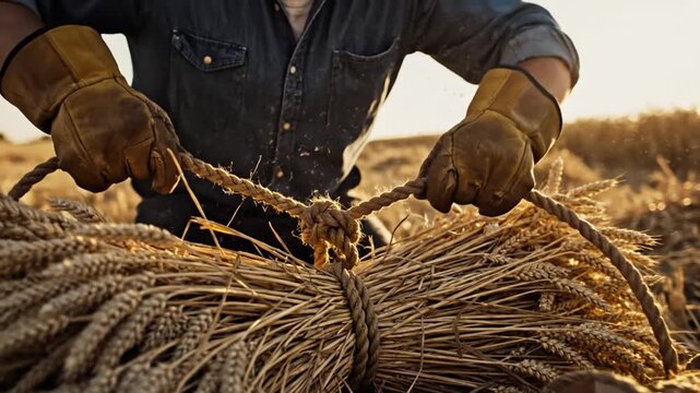 Farmer wheat glove rope harvest agriculture field rural crop autumn hardworking manual labor golden grain field, showcasing traditional countryside agriculture, outdoor food production, and organic