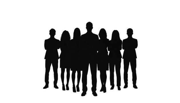 Group silhouette of diverse business professionals standing together with arms crossed against a stark white.