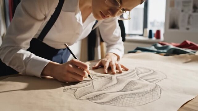 Fashion designer sketch drawing fabric creative workspace woman inspiration pencil art stylish professional modern textile pattern design studio clothing garment hand focus artistic planning
