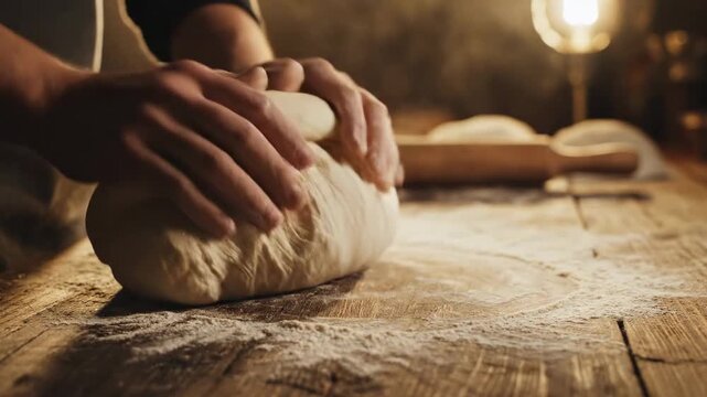 Video of Elastic pastry dough being worked on rustic countertop showcasing home baking ritual, comfort food theme and authentic kitchen environment for marketing campaigns.