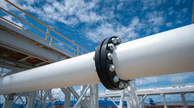 Bottom view of industrial pipeline under bridge, macro perspective, bolts and flange visible, outdoor engineering