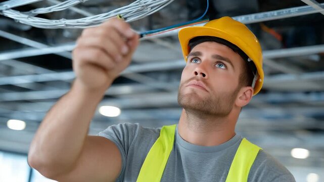 Bottom view of suspended office ceiling with new electrical conduits, worker securing wiring, macro detail, engineering structures, modern office