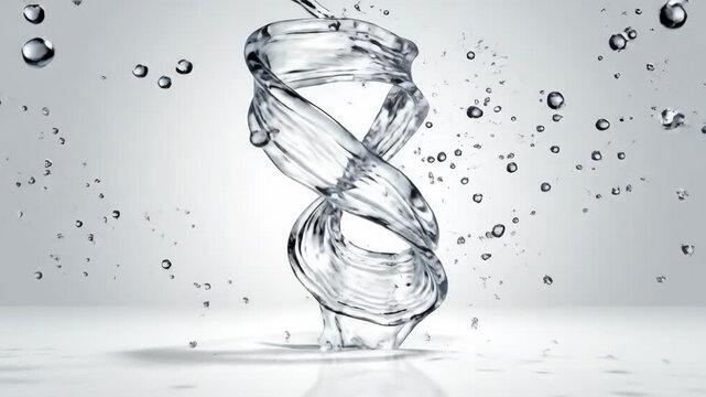 Video of clear liquid splash wave with floating droplets on white backdrop, minimal hydration concept, modern clean beauty and wellness branding visual, fluid ribbon of water twisting gracefully