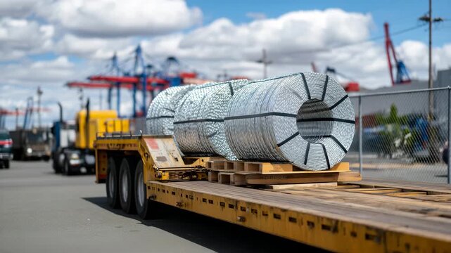 Close-up of chains securing metal steel coils on trailer, heavy industrial cargo in transit, supply chain and manufacturing operation, reflective metal textures, realistic highway