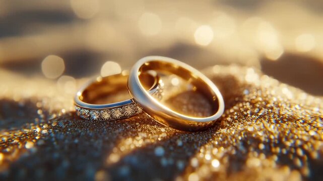 Wedding rings placed on sandy beach during sunset highlighting love and commitment in a beautiful outdoor location
