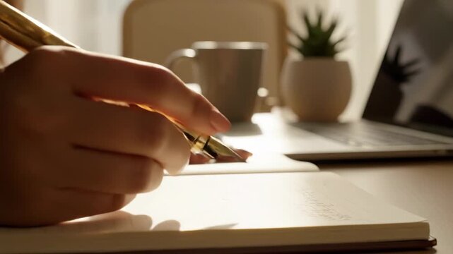 Video of notebook planning close up with writing motion in home office vibe, productivity concept, creative workflow scene, organized desk lifestyle background for business and study branding.