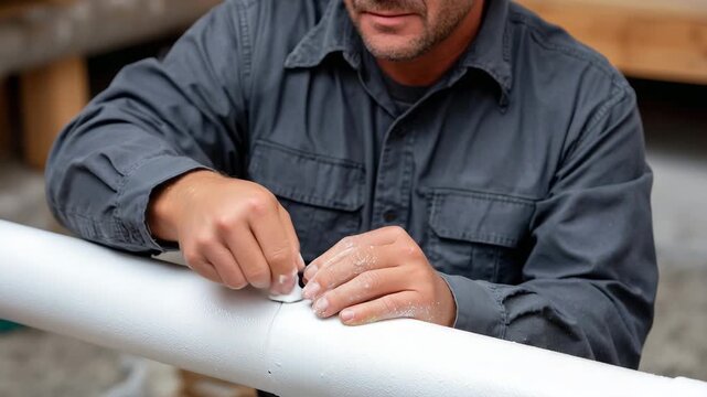 Close-up of hands applying glue to PVC pipe, macro indoor plumbing renovation