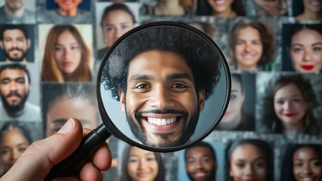 A person examines young people portraits through a magnifying glass in a gallery displaying various faces