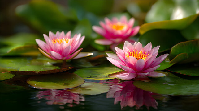 Pink water lily flowers on calm pond with green leaves and soft reflections in natural light