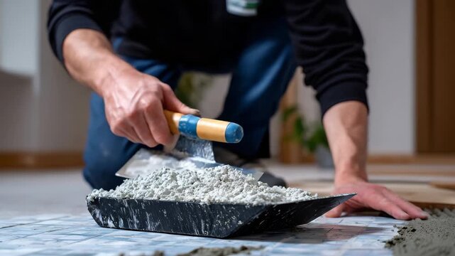 Close-up of hands working with gray tile adhesive, trowel spreading cement mortar evenly, preparing surface for tiles, indoor remodeling or building project, professional stock pho