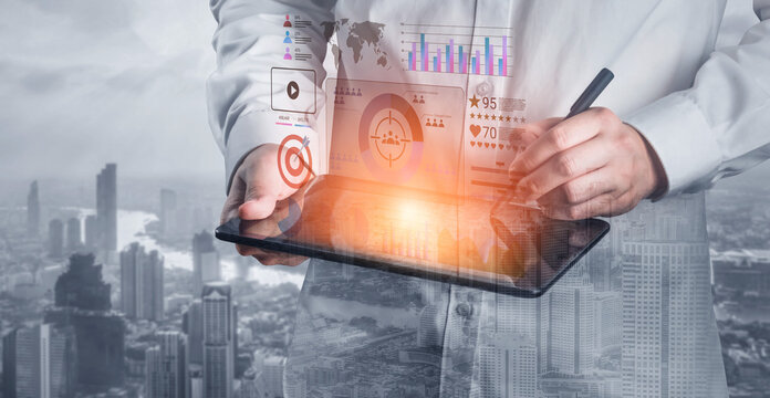 A businessman engages with a tablet, featuring layered graphics of charts and maps, capturing the essence of modern data analysis in a dynamic city environment. Gantry
