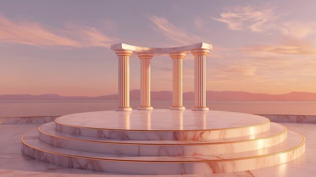 A set of classical columns stands on a round marble platform with a colorful sunset over the ocean in the background