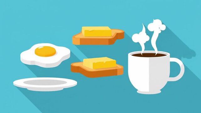 Breakfast Toast Butter Fried Egg Coffee Hot Plate Morning Meal Food on Blue Background, Simple Flat Design Illustration, Cheerful and Inviting Breakfast Food with Dairy, Caffeine, Minimal Vector Style