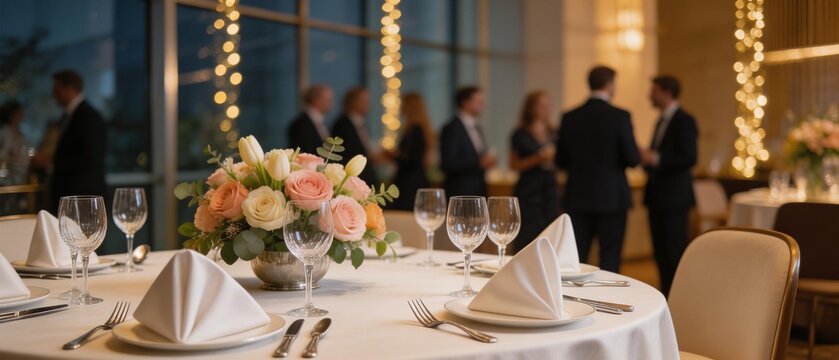  Elegant corporate event table setting with a beautiful floral centerpiece and glasses. Blurred background of business professionals networking at a luxury gala dinner reception.