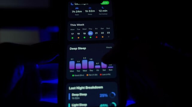 User using sleep monitoring mobile app in dark room with blue backlight close-up
