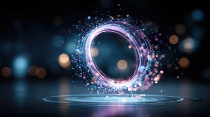 Obraz premium A glowing neon ring floats above a reflective surface, surrounded by sparkling particles and ethereal light. Abstract digital art captures a futuristic and magical atmosphere.