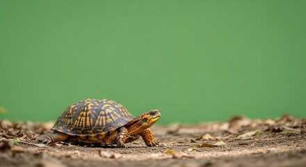 Obraz premium Close-Up of Baby Tortoise on Natural Ground Surface with Green Background