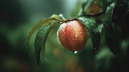 Obraz premium A ripe peach hangs from a branch, covered in sparkling raindrops. The fresh fruit and lush green leaves highlight a vibrant orchard after rain.