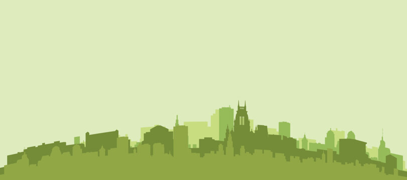 Green panoramic poster of the city skyline with solid background buildings on a hilly terrain of BOGOTA, COLOMBIA