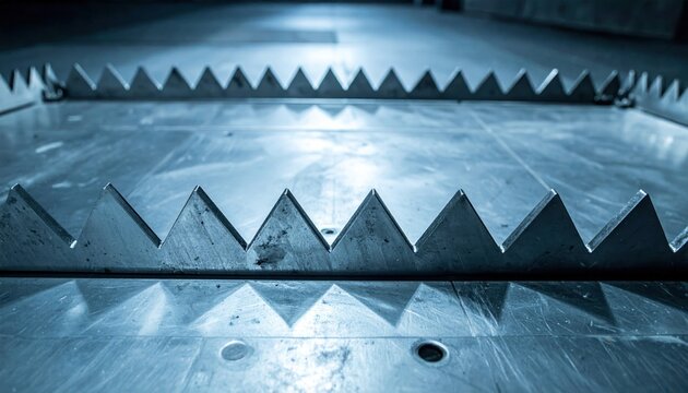 Close-up view of serrated metallic shards arranged in a precise industrial pattern, showcasing sharp edges and textured surfaces
