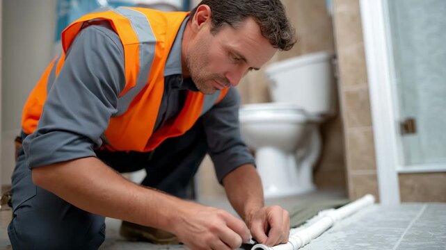Close-up of worker laying water pipes, macro view of adhesive, indoor bathroom renovation