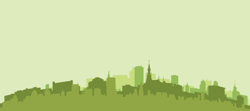 Green panoramic poster of the city skyline with solid background buildings on a hilly terrain of CALI, COLOMBIA
