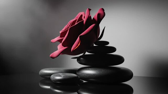 Abstract Botanical Still Life Interpretation presented in a sculptural conceptual style, simplified rose form with velvety petals placed against a matte neutral wall, smooth monochrome stones arranged