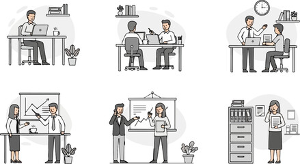 Obraz premium Business scenes with people working in offices and presenting data