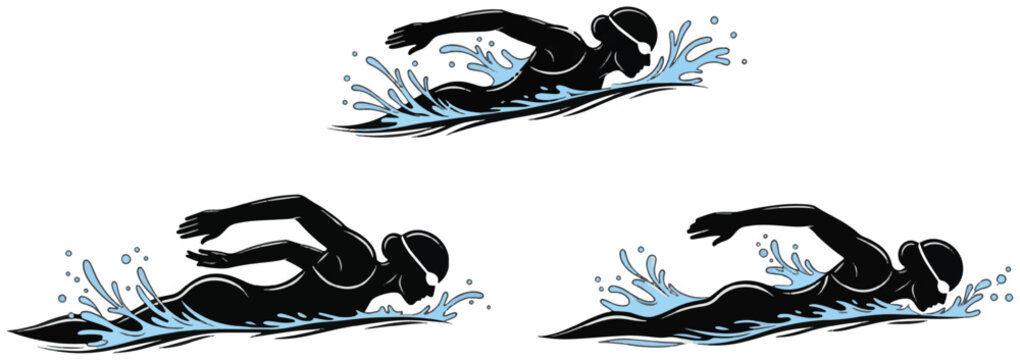 Set of swimmer silhouettes showing freestyle, breaststroke, and backstroke strokes.