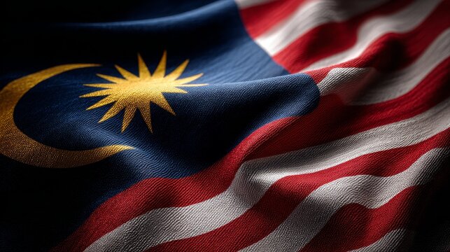 Malaysia's national flag, jalur gemilang, close up with waving fabric texture, symbolizing national pride, independence, patriotism, unity, and government