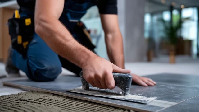Craftsman lays gray ceramic tiles on floor, using professional tile trowel and spacers, large-format tiles aligned precisely, renovation team improving home interior, indoor daylig