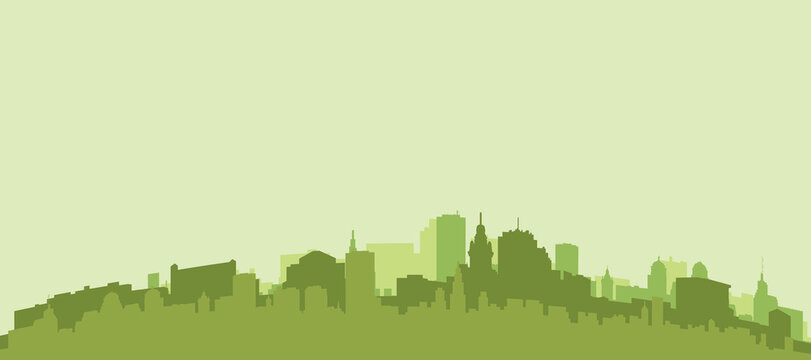 Green panoramic poster of the city skyline with solid background buildings on a hilly terrain of MONTEVIDEO, URUGUAY