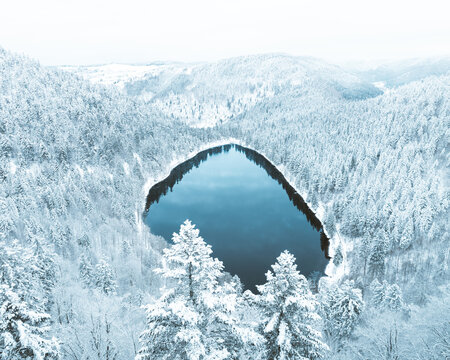 Aerial view of a serene, dark lake mirroring the overcast sky, nestled amidst a snow-laden forest, the white trees contrasting with the water, La Bresse, Grand Est, France.