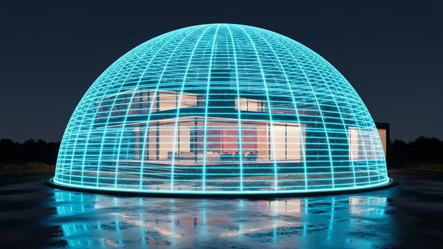 Futuristic Residential Security Visualization, a stylized night scene where a sleek architectural home stands inside a translucent holographic dome shield, integrated light grid patterns scanning