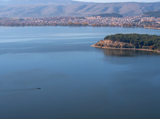 Fototapeta premium View of Ioannina city and island on Lake Pamvotida, Epirus, Greece