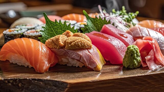 Assorted sushi sashimi nigiri with fresh salmon tuna sea urchin wasabi rice and shiso leaf wooden platter vibrant colors traditional Japanese seafood cuisine gourmet healthy raw fish elegant