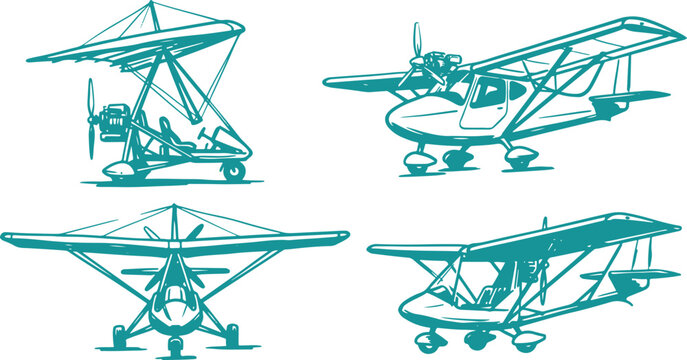 Hand Drawn Ultralight Aircraft Set Vector Illustration, Small Airplane Sketch Collection