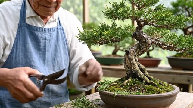 Elderly man blue apron pruning bonsai tree with green foliage indoors, focused traditional horticulture techniques, peaceful hobby, detailed care, natural light, gardening, cultivation, leaves, tool