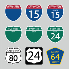 Naklejka premium USA interstate county road signs set. Vector