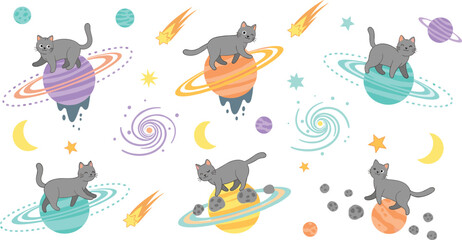 Cute cartoon cats exploring colorful planets in outer space with stars, comets and galaxies, playful kitten astronaut fantasy universe vector illustration for kids © MDSaiful